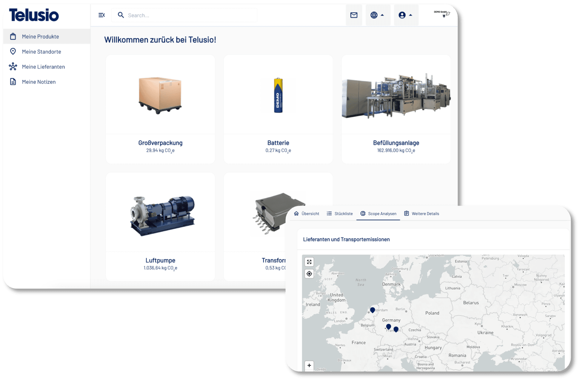 Telusio Produktübersicht mit Lieferanten- und Transportemissionen-Karte