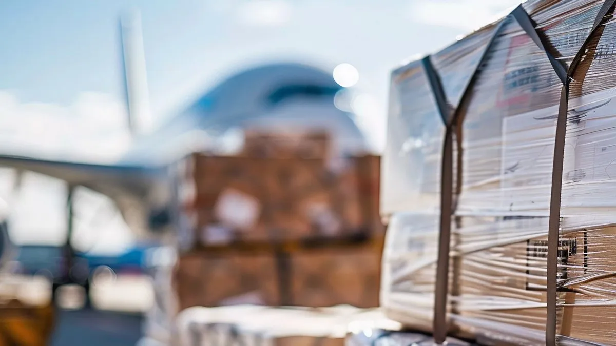 Packaged goods in front of a cargo aircraft