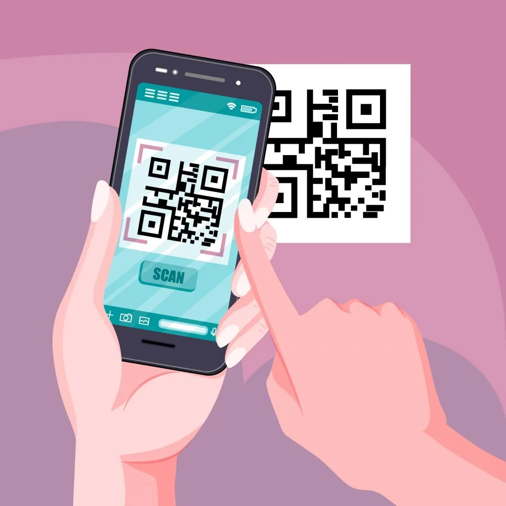 Hand holding a phone scanning a QR code.